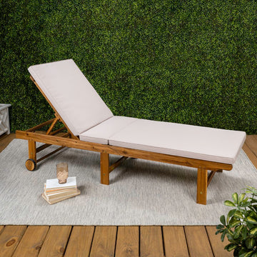Mallorca 77.17"x23.62" Modern Classic Foldable Adjustable Wood Chaise Outdoor Lounge Chair with Cushion & Wheels